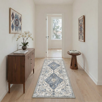 Medallia Vintage Blue / Beige Indoor Floral Area Rug,Machine Washable,with Non-Slip Backing