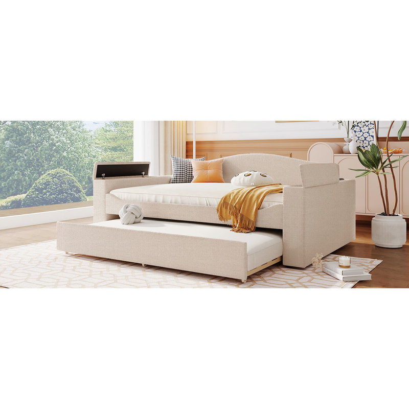 Beige Fleece Daybed With Armrest Storage And Twin Trundle, For Relaxed Living Upholstered In Beige, Trundle Audio Function