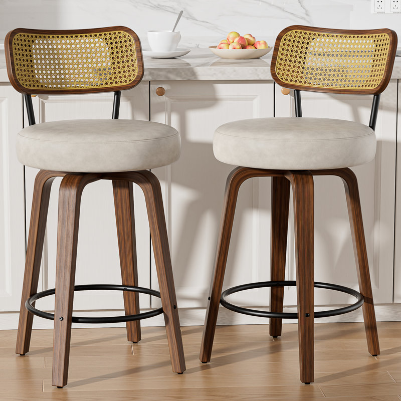 Ensemble de 2 tabourets de bar pivotants de 26 po à hauteur de comptoir avec dossier en rotin tissé à la main et siège en cuir de polyuréthane, tabourets de bar sans accoudoirs pour îlot de cuisine