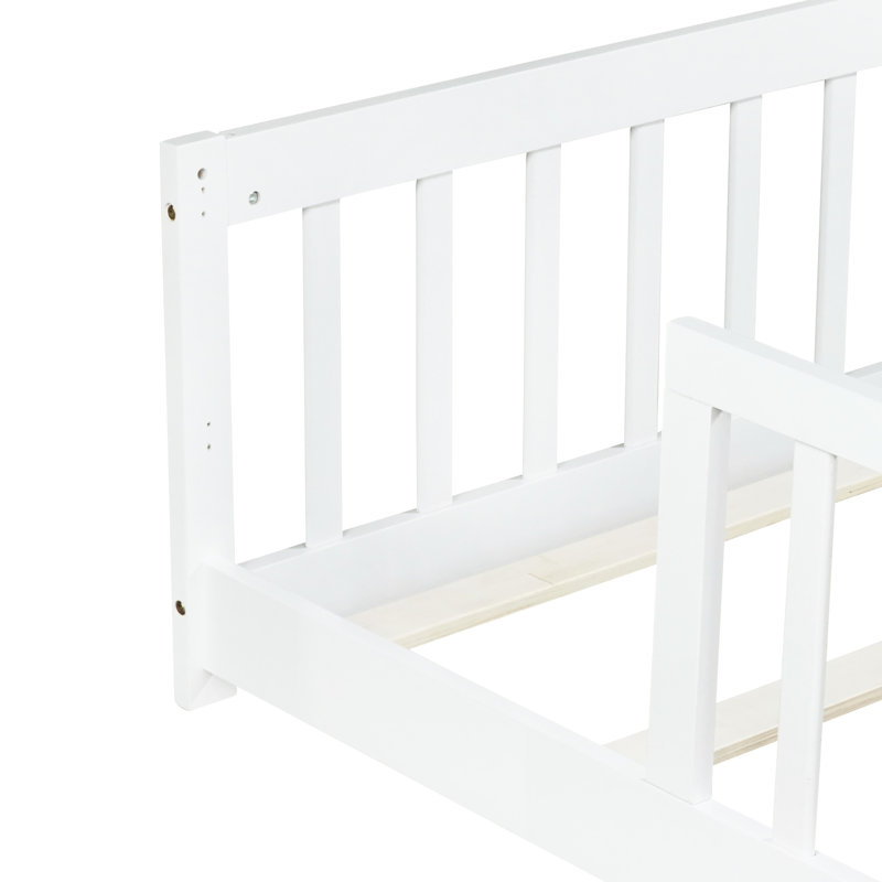 Twin Size White Floor Bed With Rubber Wood Fence, Ideal For Compact Bedrooms, Promotes Independent Sleep Patterns, 7 Slats Mattress Resilience Suitable Tight Spaces, Encourages ' Self - Reliance,