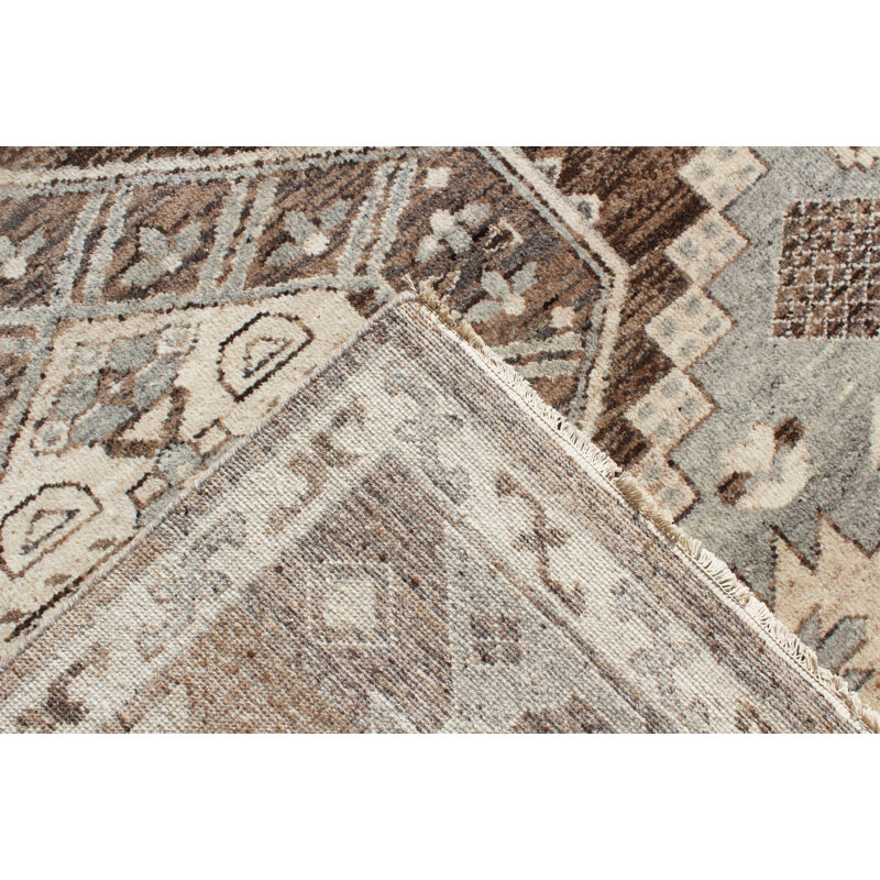 Tapis gris et brun en laine noué à la main - motif de médaillon géométrique tribal avec bordure audacieuse