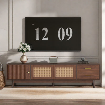Meuble télé Mid-Century avec portes coulissantes et 2 tiroirs, une armoire, conception en rotin et protection imperméable