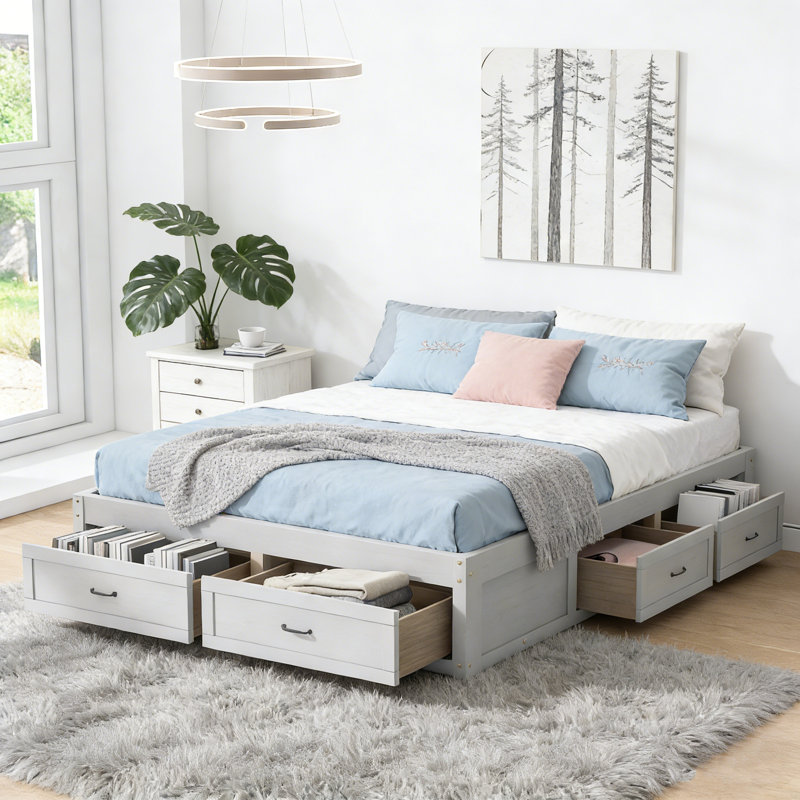 Lit plateforme double avec 6 tiroirs de rangement, blanc antique, Lit double, Blanc antique