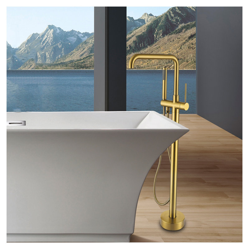 Robinet de baignoire sur pied avec douchette, fini or brossé, construction en métal massif