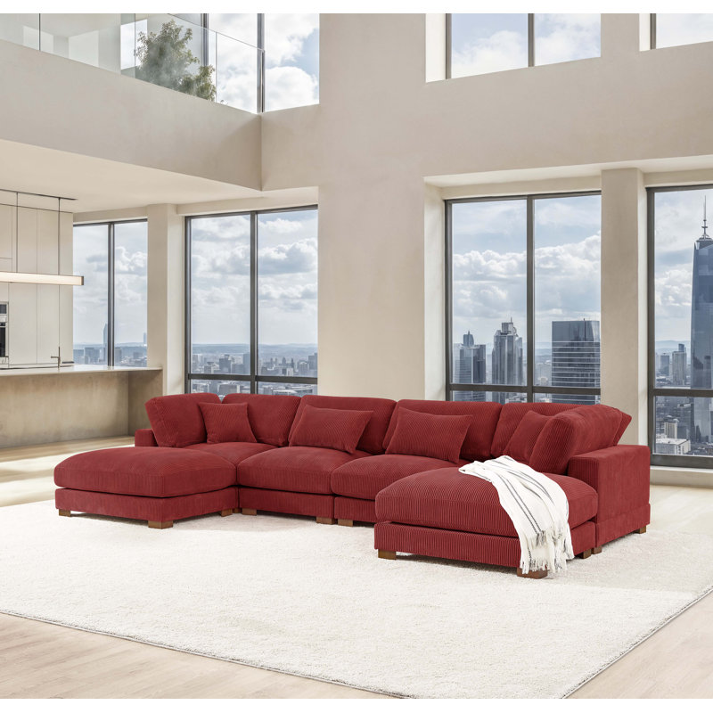 Andreco 144" Wide Reversible Modular Corner Sectional with Ottoman, Red Corduroy