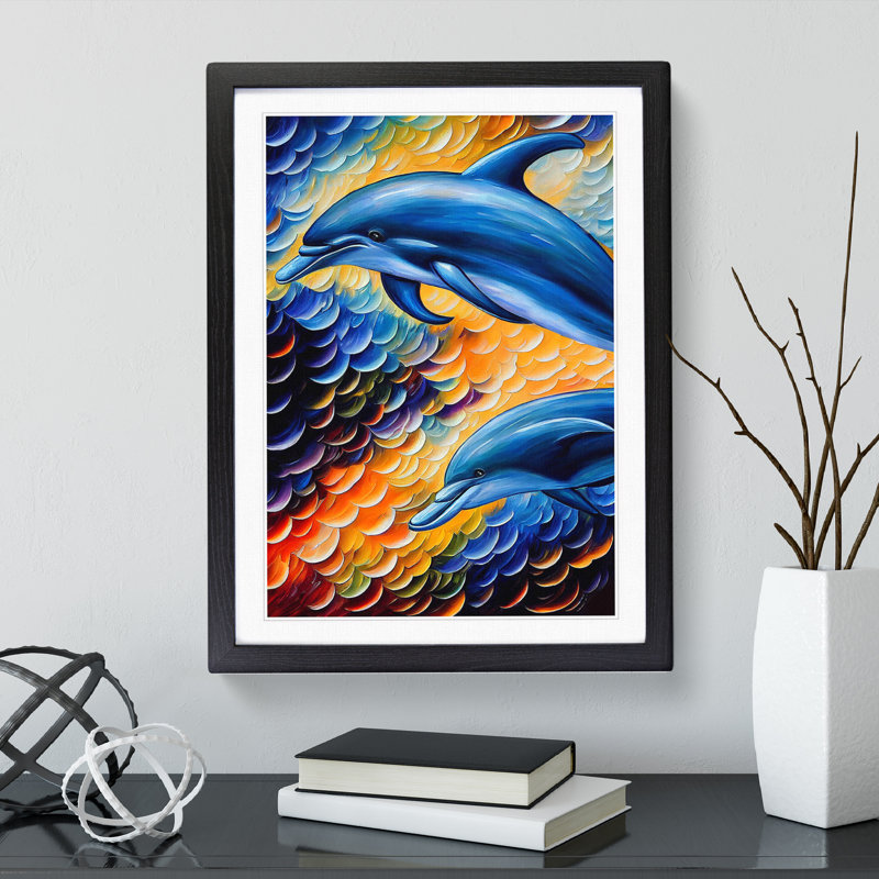 Two Dolphin No.1 - Wall Art, 46cm H x 34cm W x 2cm D, Paper Black Framed