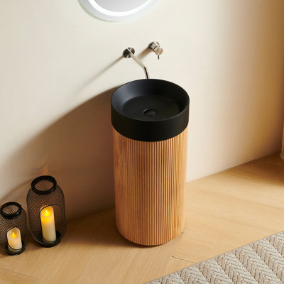 Armoire cylindrique autoportante de 16 po JINBO, lavabo à surface solide ronde noire sans trou de robinet, sans couvercle d'évier, sans robinet et ensemble de drain, couleur grain de bois naturel, meubles-lavabos
