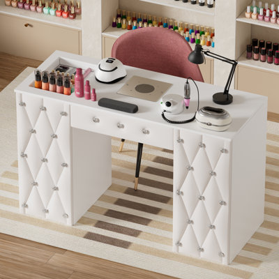 Table de manucure, bureau Nail Tech avec collecteur de poussière, station de table de salon de clou avec sacs à poussière, poste de travail de fournitures de clou pour salon de beauté avec armoires de rangement à tiroirs, coussin en cuir blanc avec d