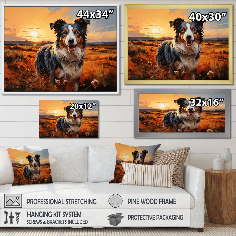 Border collie marchant sous Golden Horizon - impression, H 16 po x l 32 po x P 1 po, Cadre flottant noir