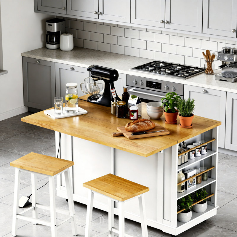48.2-Inch Kitchen Island 3-Piece Set With 2 Bar Stools, Power Outlet, Built-In Storage Shelves, Folding Tabletop, 5 Wheels, 5 Side Drawers, White.