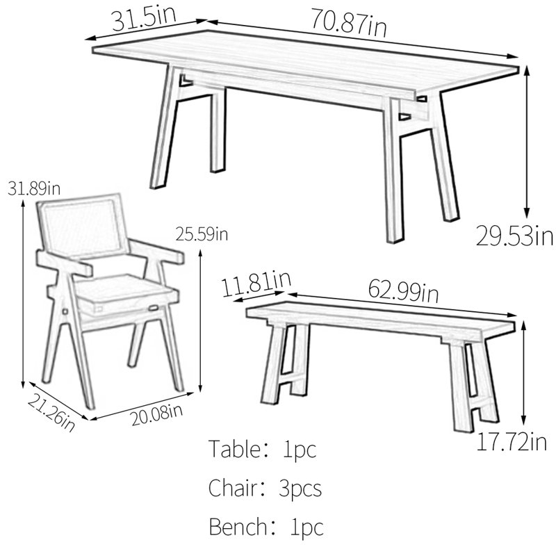 Walnut practical dining table, 29.53"H x 70.87"L x 31.5"W
