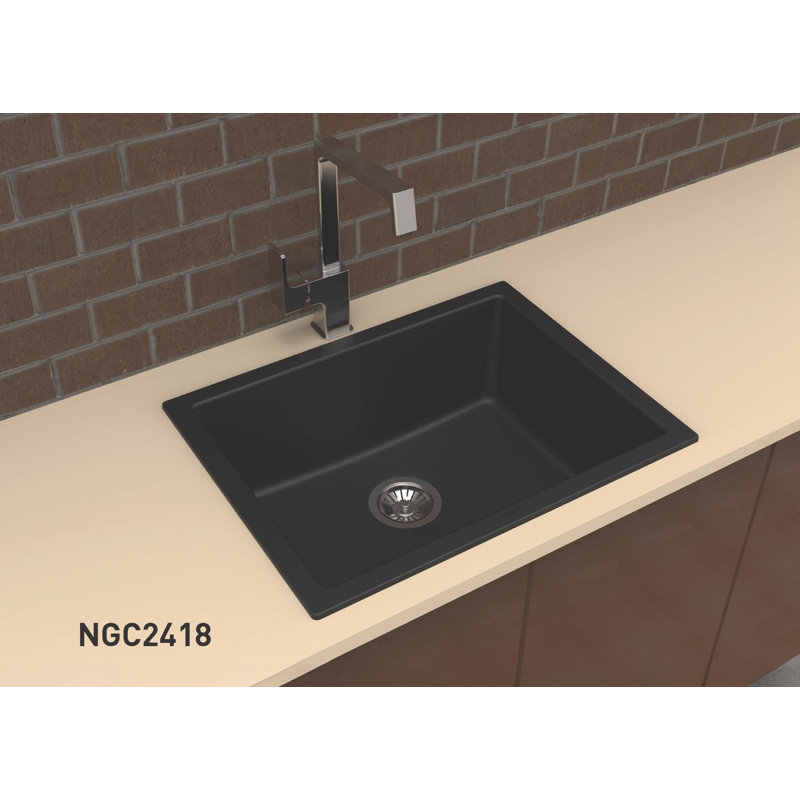 24" Black Granite Composite Sink Drop-In/Undermount Single Bowl Kitchen Sink, Matte Black