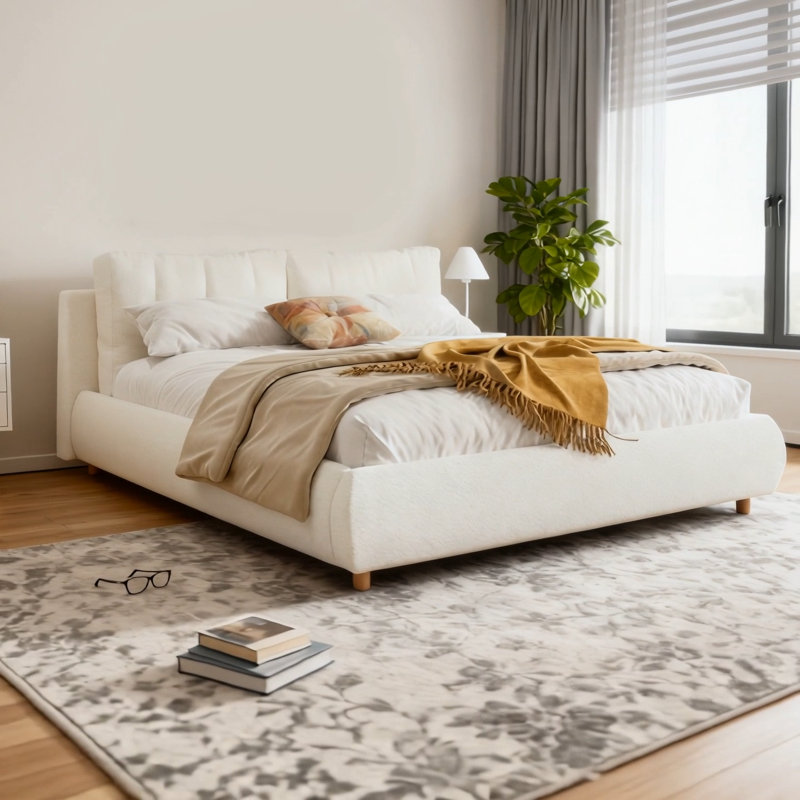 Grand lit plateforme tapissier avec deux coussins amovibles, tissu Boucle, blanc