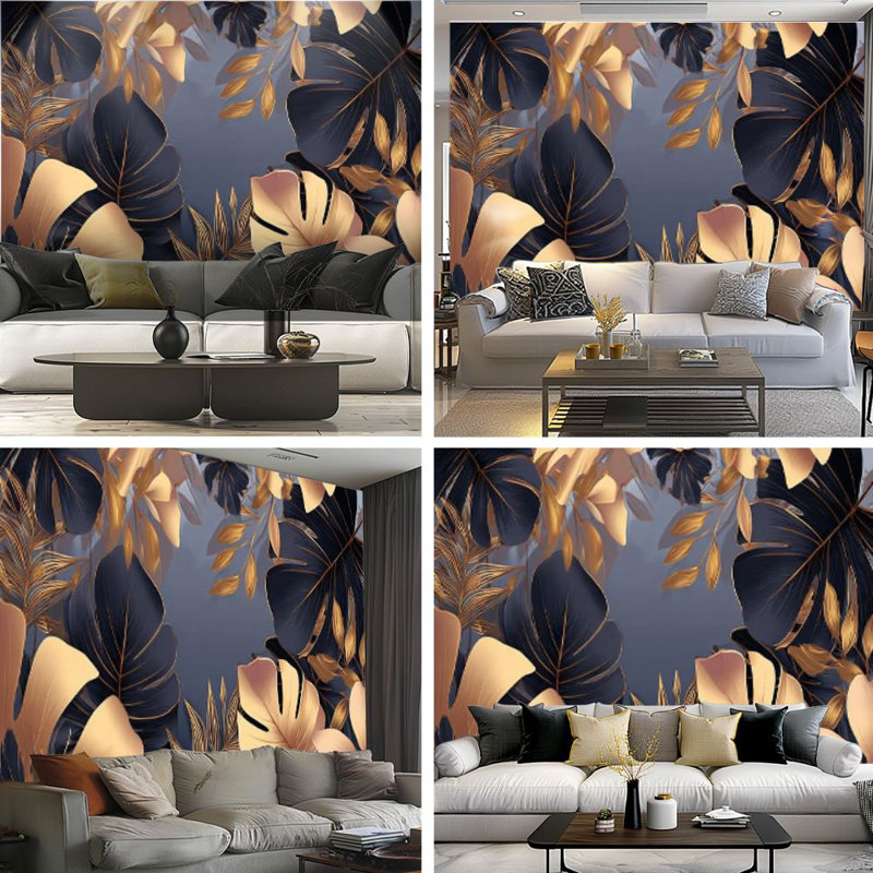 Papier peint adhésif pelez et collez, plantes tropicales dorées, feuilles, feuilles élégantes modernes, art mural botanique, auto-adhésif et amovible