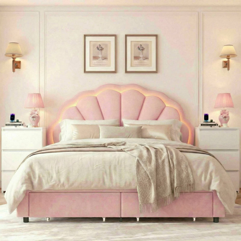 Ensemble de chambre à coucher 3 pièces, lit moderne tapissier à DEL avec tiroir et tables de chevet blanches à 3 niveaux