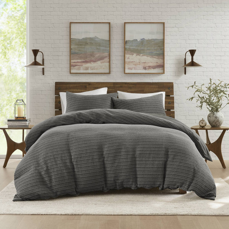 Ensemble de couette surdimensionné en coton délavé Lyon, Gris anthracite, Housse de couette double / grand + 2 taies décora