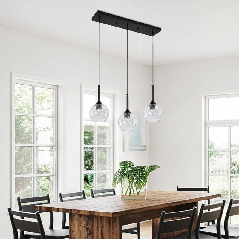 3 Light Linear Kitchen Island Pendant Lights With Hammered Water Globe Glass, 22.8''L×5.91''W×45.3''H, 3