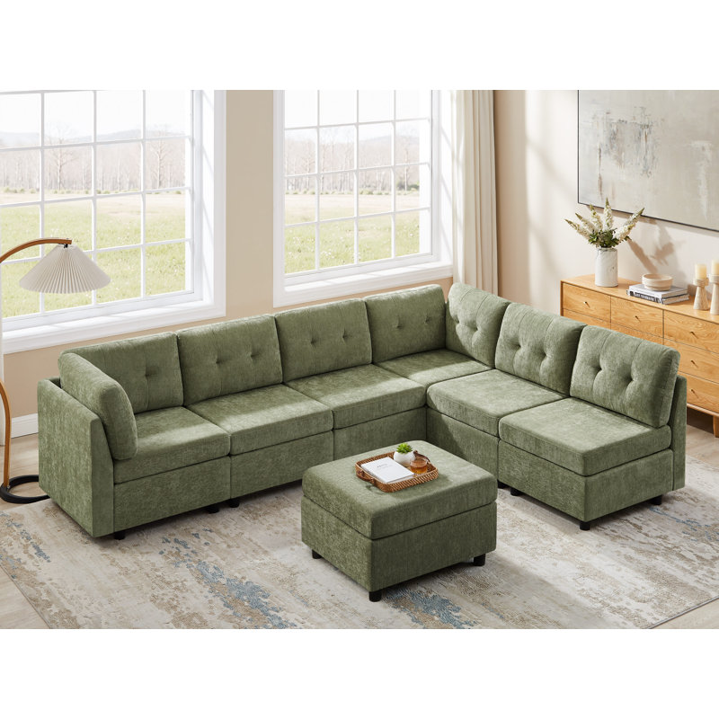 Canapé modulaire rembourré en chenille avec repose-pieds Chenille, Polyester vert