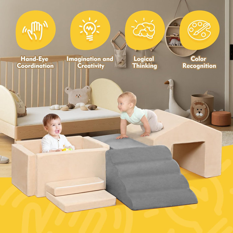 6PCS Climb And Crawl Activity Playset, Soft Foam Climbing Blocks Indoor, Toddler Play Climbing And Ball Pit With Slide Stairs And Ramp