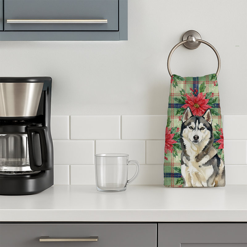 Agouti Siberian Husky Christmas PoinsettIas Kitchen Towel, Agouti Siberian Husky