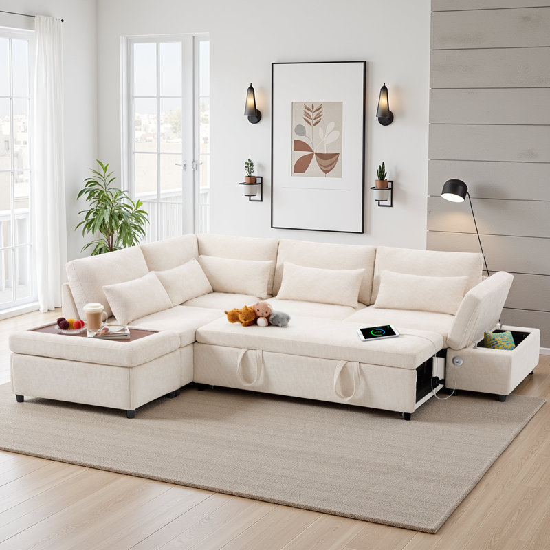 L-Shaped Modular Sectional Sofa Bed, 6-Seat Convertible Chenille Couch with Charging Armrest & Dual-Use Ottoman