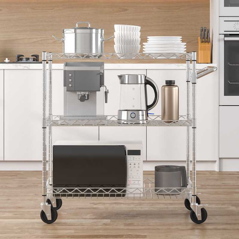 Silver 3-Tier Steel Utility Cart with Hooks and Wheels