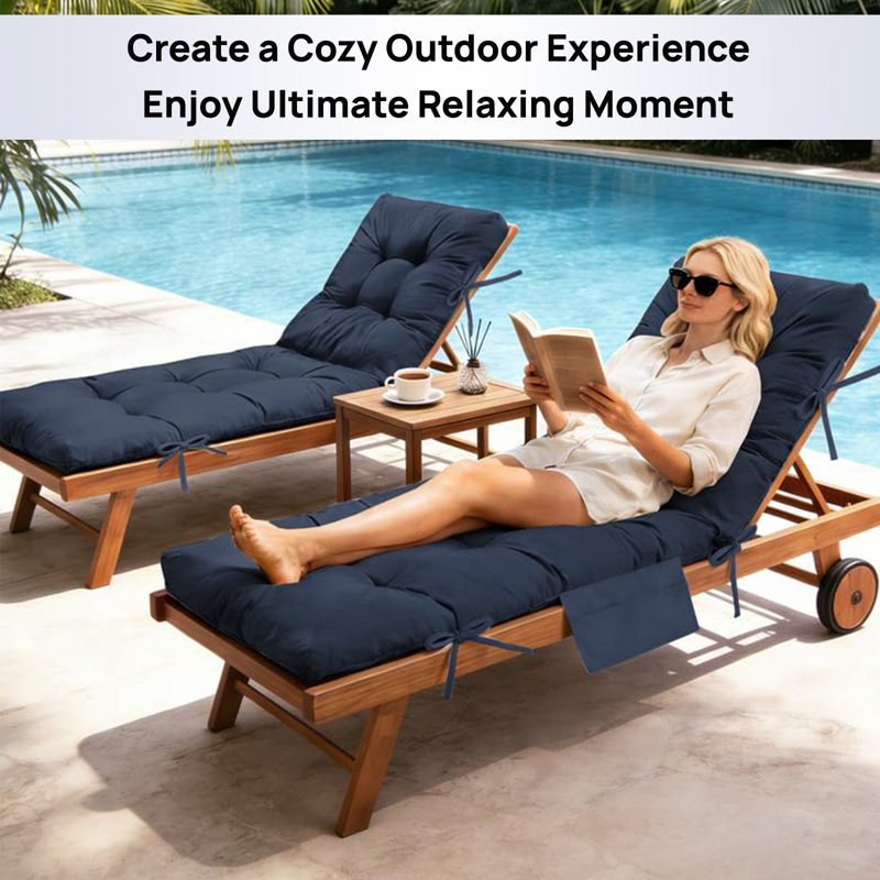 Outdoor Chaise Lounge Cushions Set of 2, with Side Pocket, Tufted Patio Furniture Replacement Cushion, Navy Blue, 2
