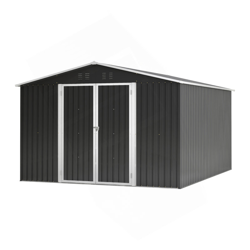 Remise de rangement extérieure 10 pi x 12 pi, rangement pour outils en métal avec portes verrouillables et structure à cadre, grande remise en métal pour la cour arrière, pelouse de patio, noir