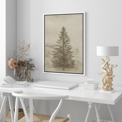 Art mural majestueux pin - paysage de montagne monochrome de style sépia, impression de nature minimaliste encadrée pour un style intérieur calme