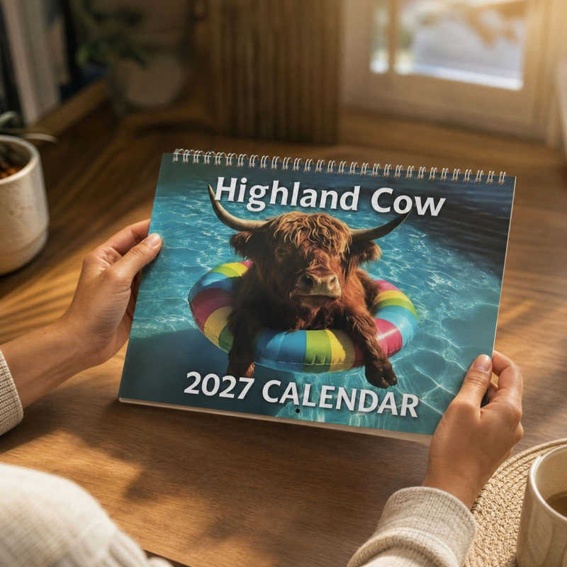 Calendrier de surprise en plastique 2027, calendrier mural de 12 mois sur le thème des vaches écossaises, avec de superbes photos.