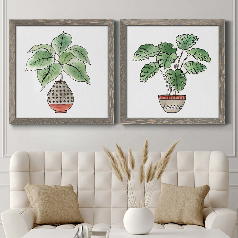 Boho Greenery I - ensemble de 2 peintures sur toile encadrées, H 35,5 po x l 71 po x P 1,5 po, Encadré gris