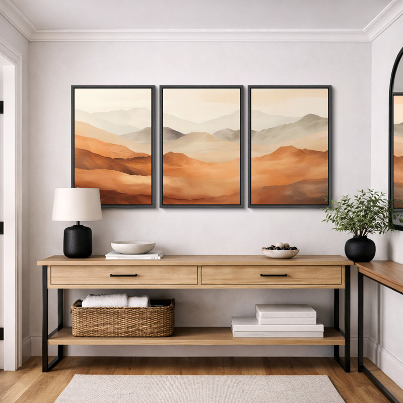 "Abstract Landscape", "Vibrant Warm Orange Brown Mountains", art mural moderne minimaliste simple, impression sur toile encadrée, 3 pièces, art mural "16" x 24 "x 3 pièces, 24" x 36 "x 3 pièces