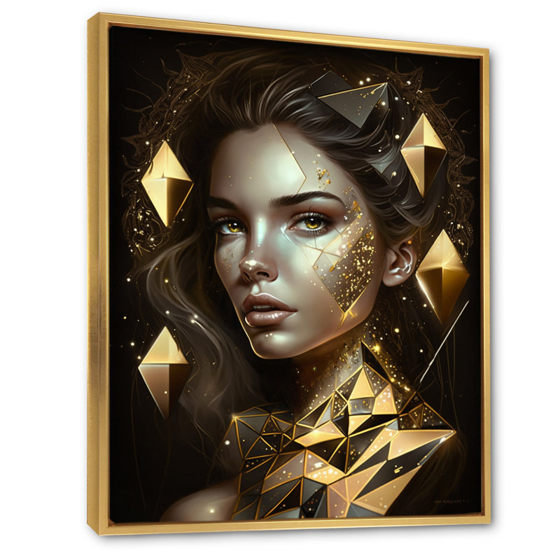 Portrait de femme en cristal doré IV, H 44 po x l 34 po x P 1,5 po, Toile avec cadre flottant or