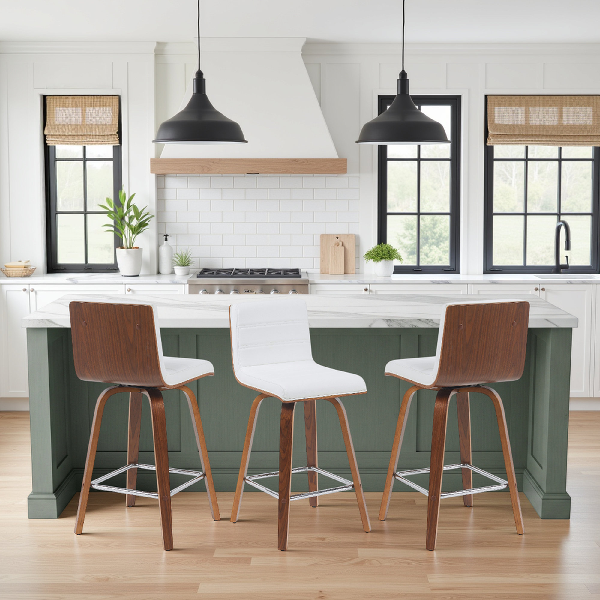 Biance Solid Wood Swivel Bar & Counter Stool, Counter Stool (26" Seat Height), Walnut, Vintage Green Faux Leather