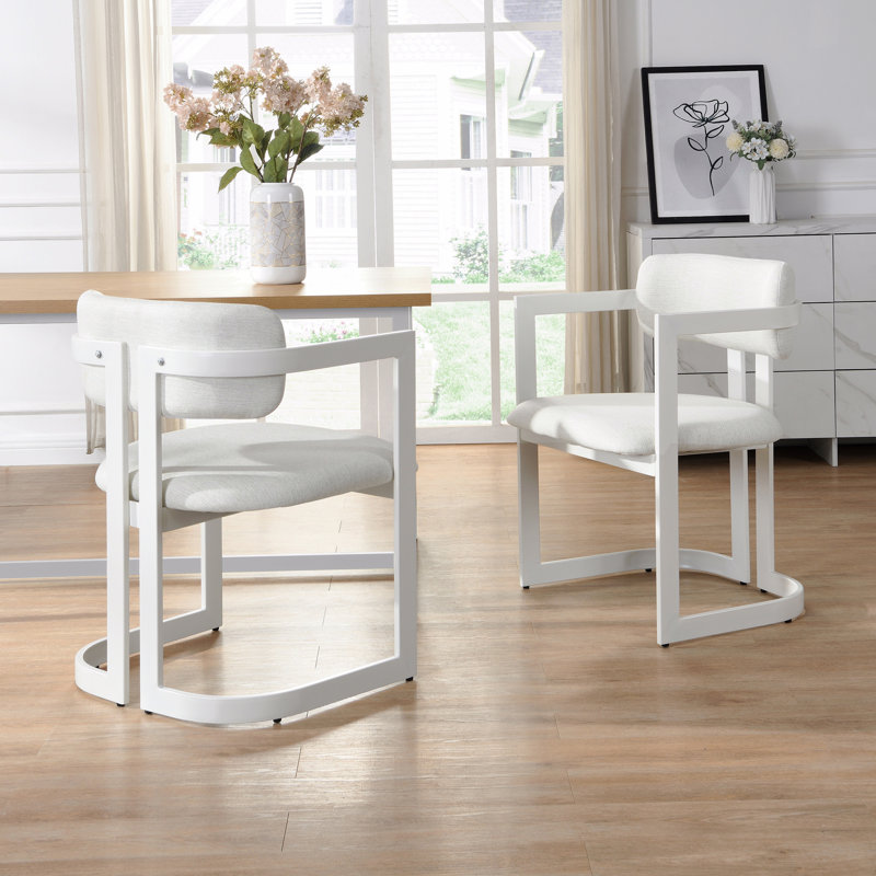 Ensemble de 2 chaises rembourrées en tissu avec structure en métal beige, Blanc