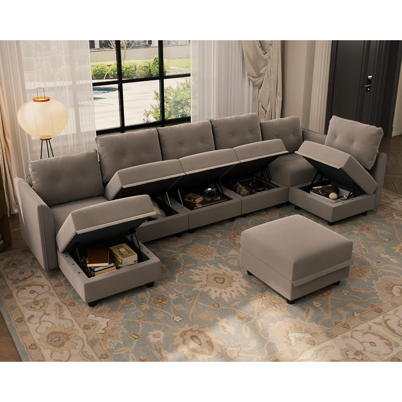 Tomario Upholstered L-Shaped Sectional Reversible, Camel Polyester Blend