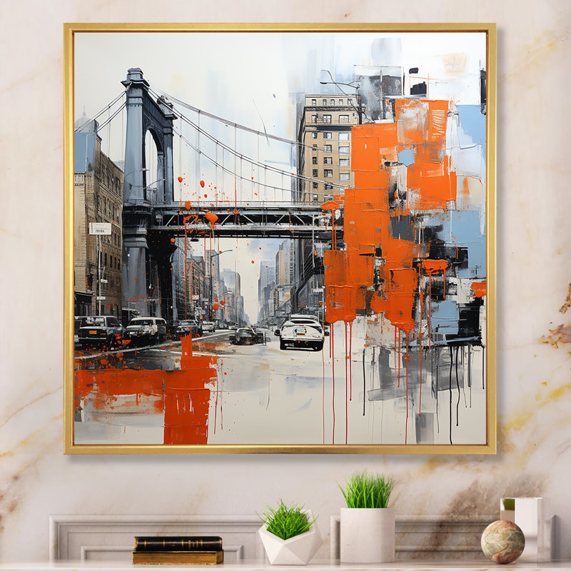 Bleu et orange Pop Art Boston Cityscape - art mural côtier, Cadre flottant doré, H 16 po x l 16 po x P 1 po