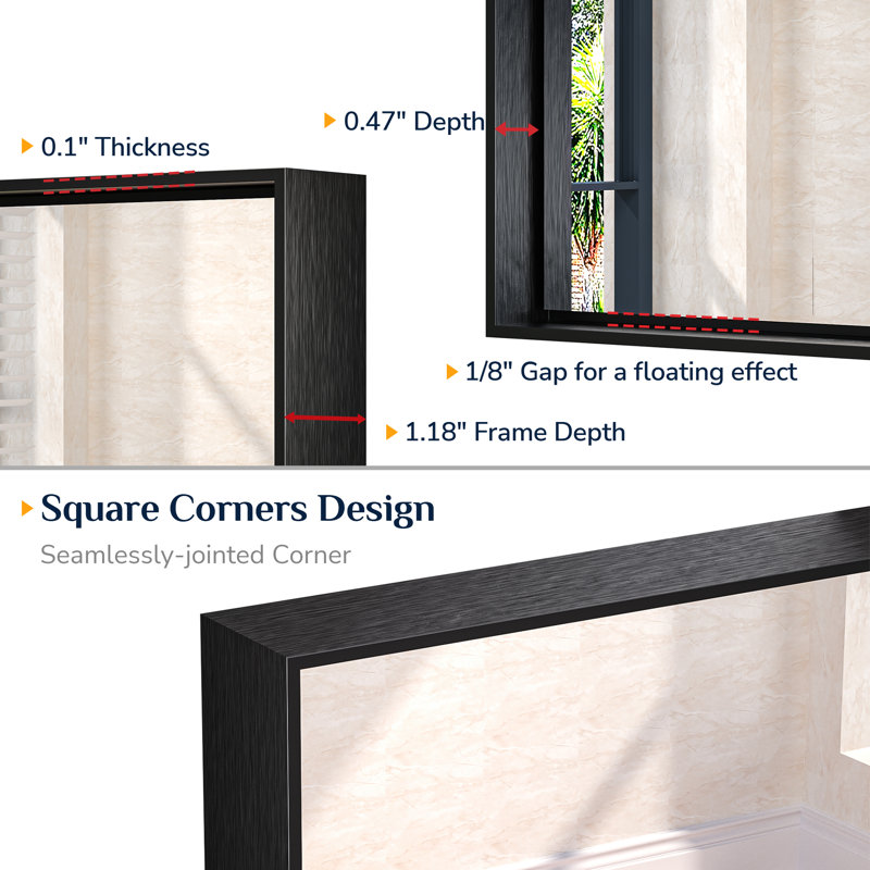 Miroir de salle de bain rectangulaire avec cadre en aluminium et verre trempé, Noir, 48 po x 24 po