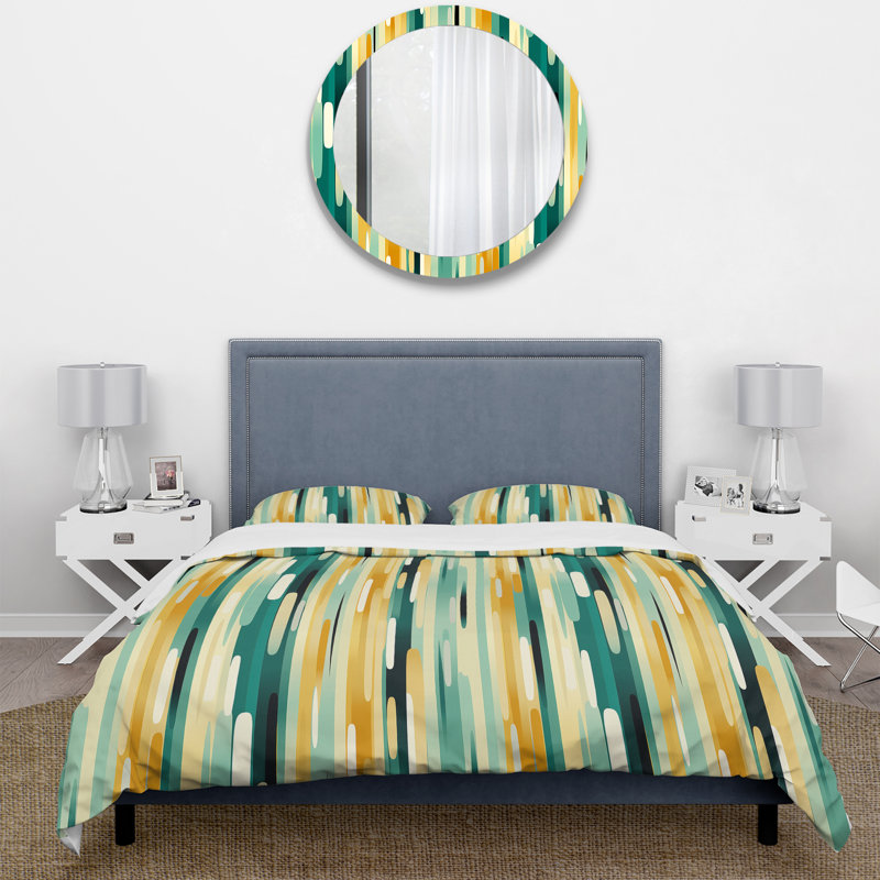 Jungle Green And Yellow Striped Pattern Striped Duvet Cover, King Duvet Cover + 2 King Shams