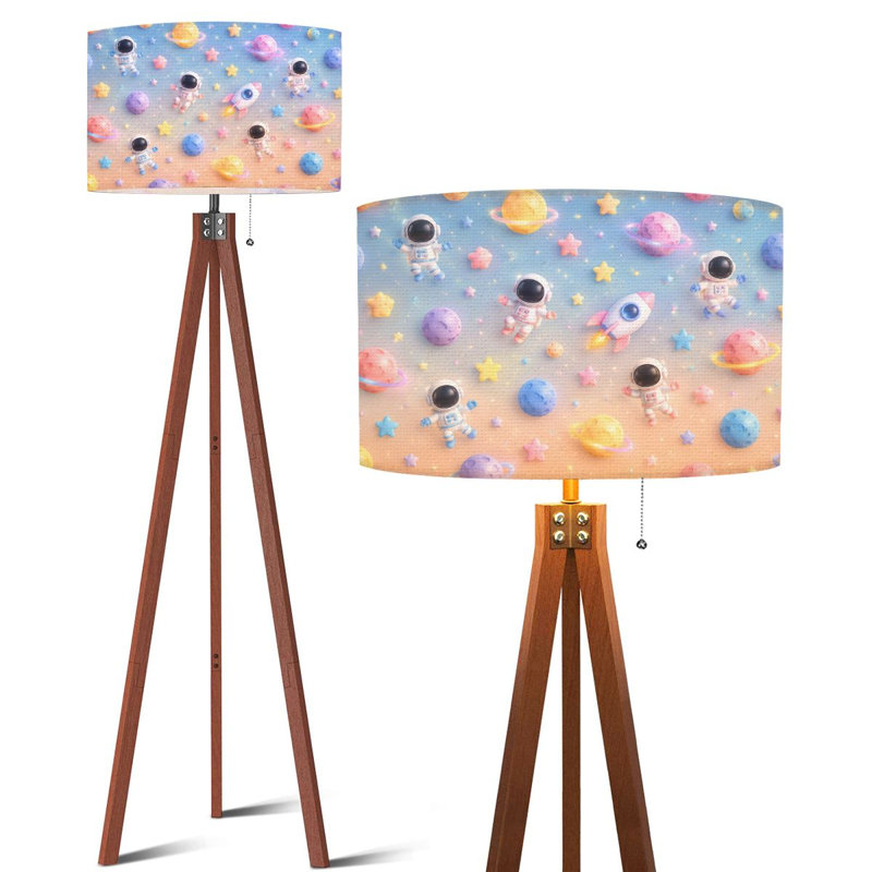  Lampe sur pied à trépied avec astronautes sur le thème de l'espace coloré Planètes à télécommande à DEL avec pieds en bois de hêtre et abat-jour en lin amovible pour le salon et la chambre à coucher