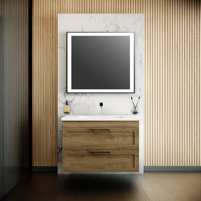 Meuble-lavabo mural moderne avec lavabo Deareon | Collection Palm Beach Teak Natural | Panneau de fibres à densité moyenne non toxique ignifuge 40 "Collection Omega 40"
