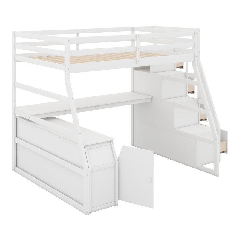 Lit mezzanine avec 7 tiroirs, 2 tablettes et un bureau, Blanc