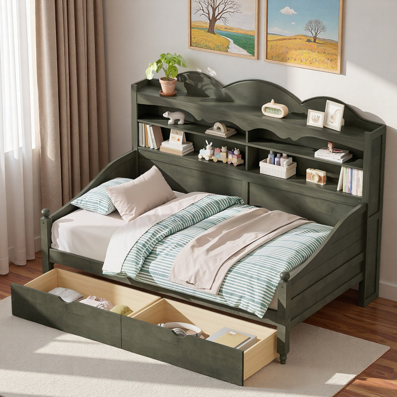 Wooden Daybed With 2 Storage Drawers And Storage Headboard Shelving, Antique Gray