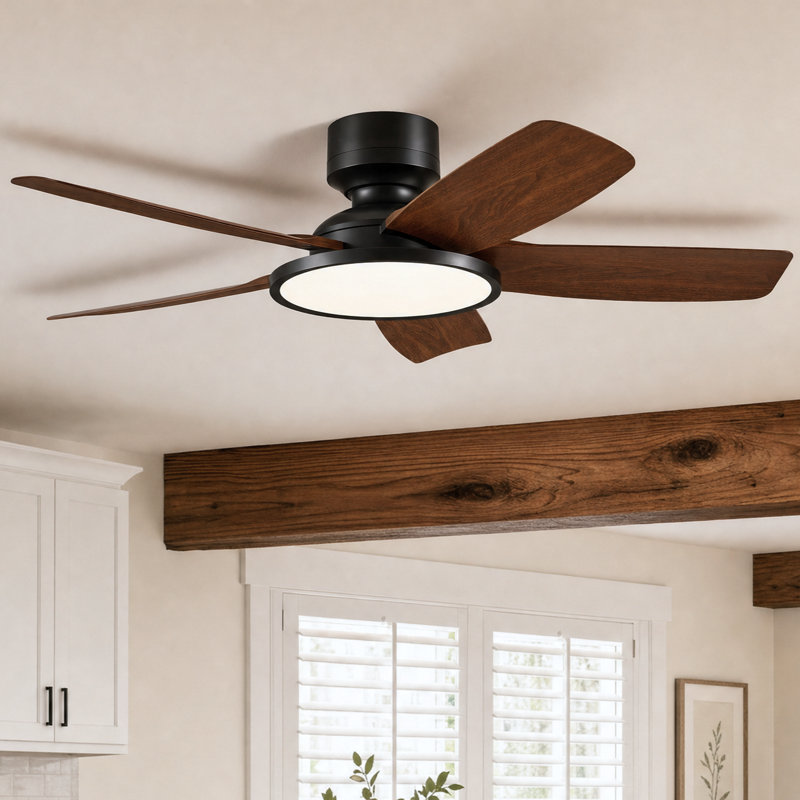 42" Easy-to-Install Modern Flush Mount Low Profile Small Room Ceiling Fan with LED Light and Remote, Dark Brown Wood