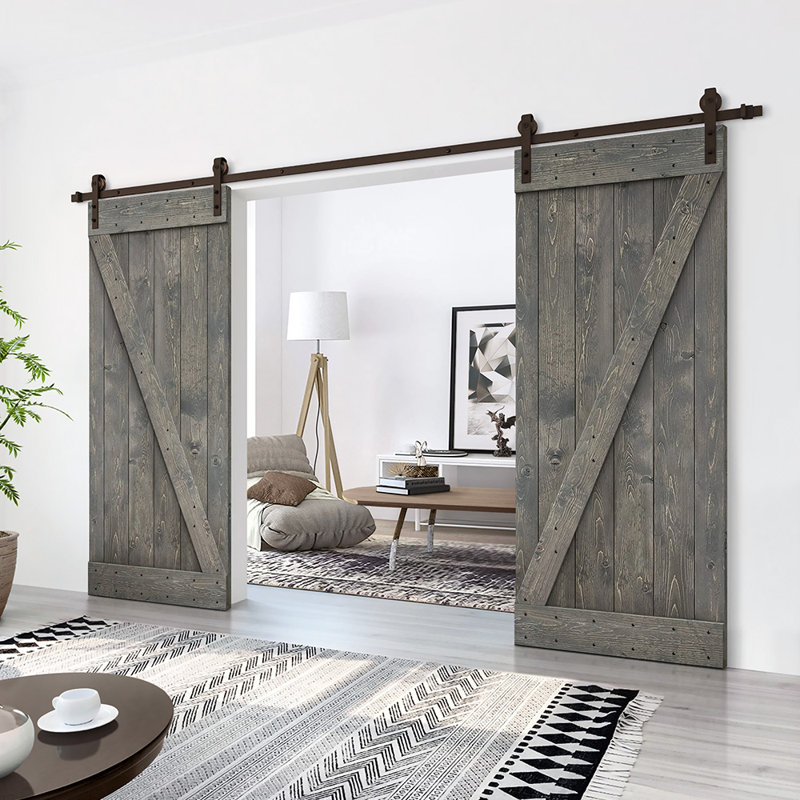 Porte de grange en bois massif lambrissé et métal, 68 po x 84 po, Gris patiné