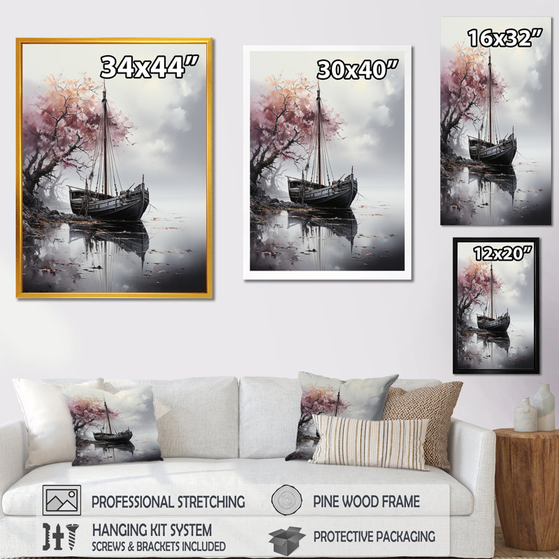 Mystic Pirate Boat Voyage III - Bateau côtier, art mural, Cadre flottant blanc, H 60 po x l 28 po x P 1,5 po