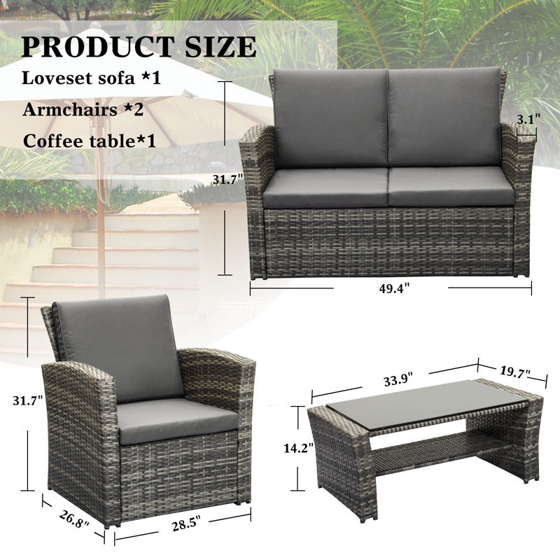 Wicker/Rattan 4 - Person Seating Group with Cushions, Grey, Grey