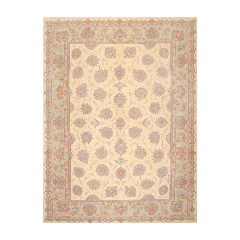 Tapis beige en laine et en soie noué à la main de conception unique 8 pi 3 po x 11 pi 6 po Gaidis