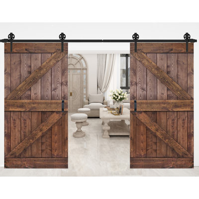 K style Paneled Solid Core Wood Double Sliding Barn Door with Hardware Kit (Set of 2) - Assembly Needed