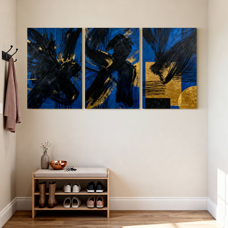 Abstrait abstrait bleu, noir, or, coups de pinceau, ensemble de 3 impressions sur toile, H 18 po x l 36 po